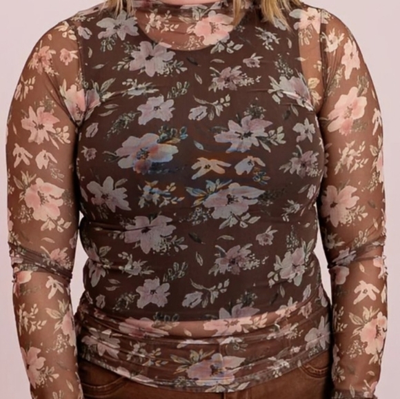 NWT New In Floral Mesh L/S Top Chocolate Brown Pastel Pink Size Small Balletcore - Picture 1 of 6